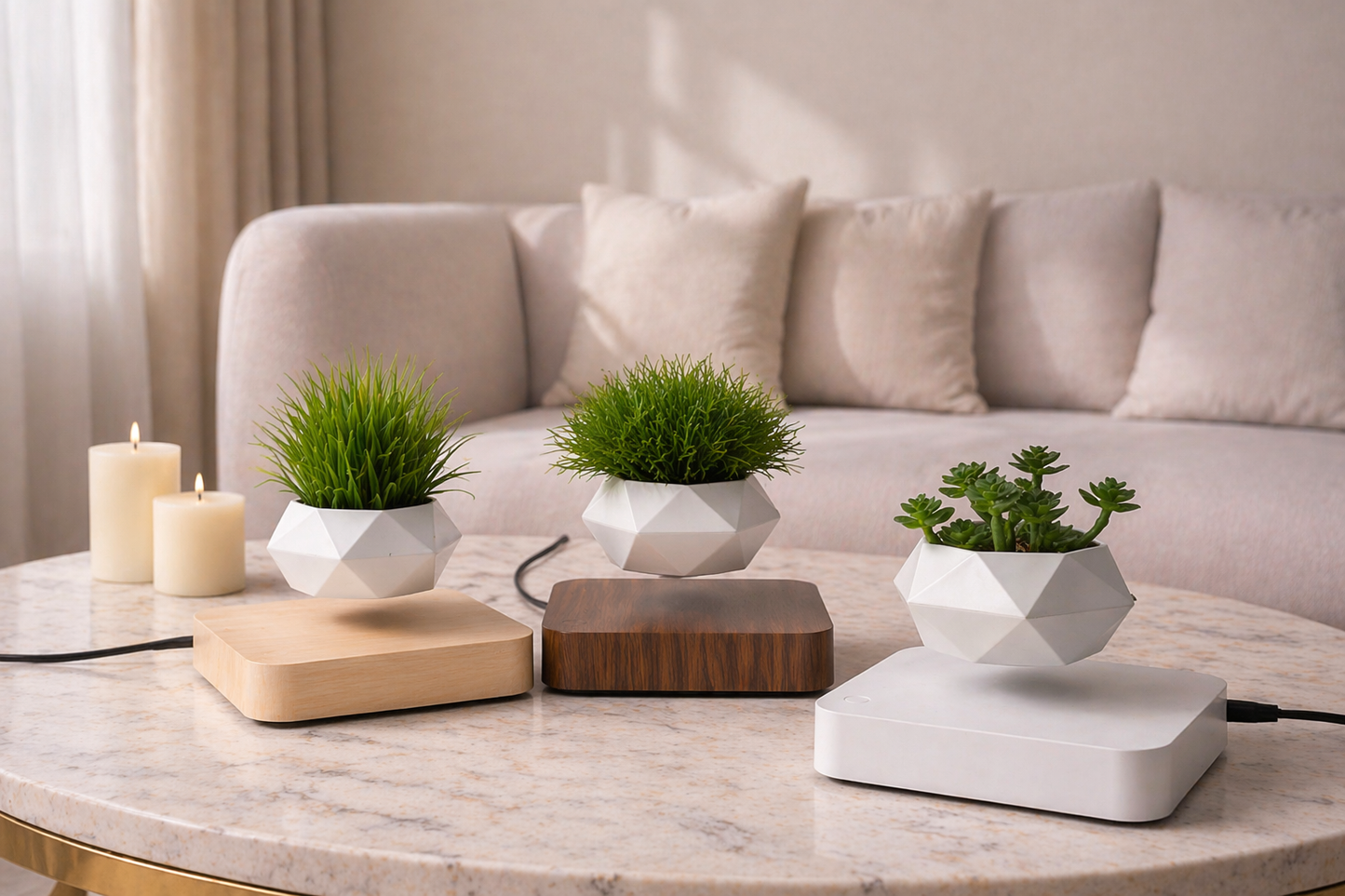 Magnetic Levitation Polygonal Planter – Wood Grain Base