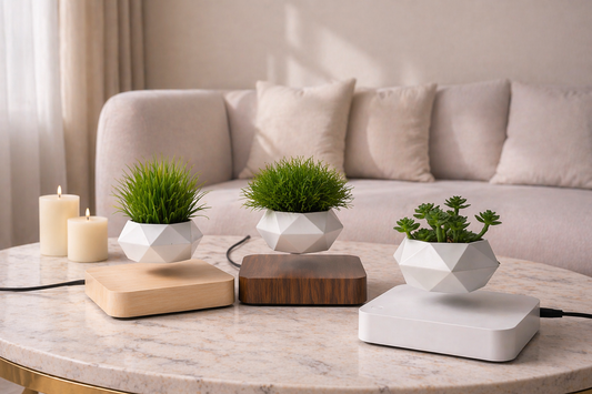Magnetic Levitation Polygonal Planter – Wood Grain Base