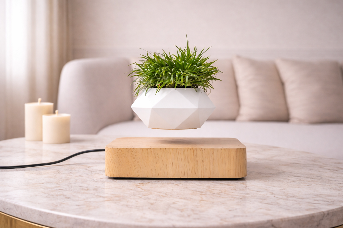 Magnetic Levitation Polygonal Planter – Wood Grain Base
