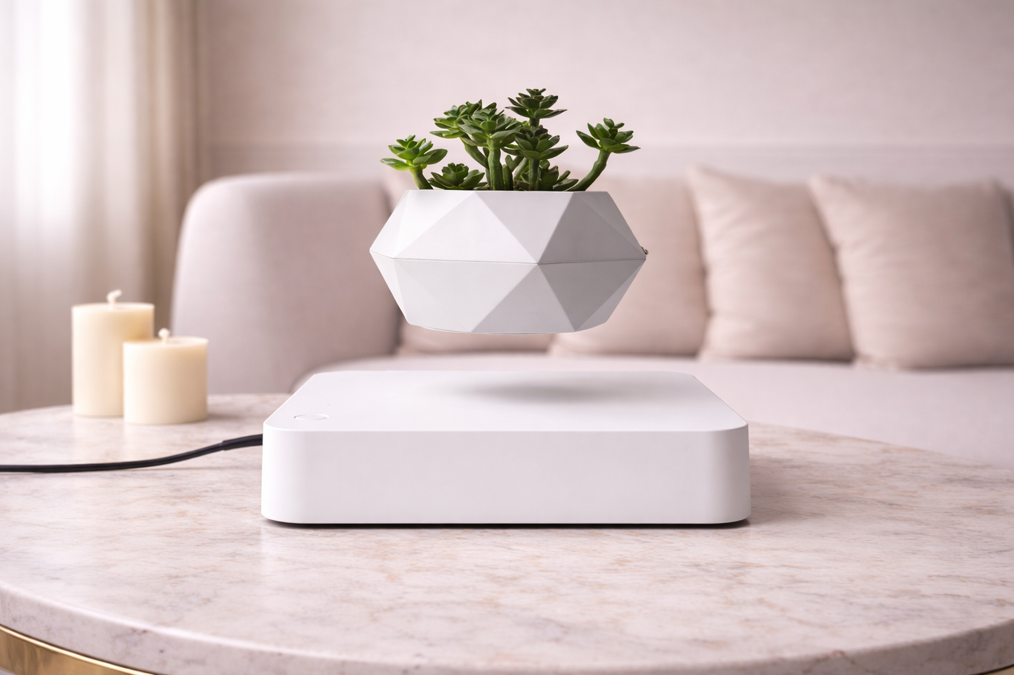 Magnetic Levitation Polygonal Planter – Wood Grain Base